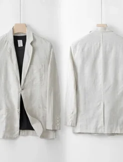 Best OUKU Men's 100% Linen Blazer Blazer Business Cocktail Party Wedding Party Fashion Casual Spring Autumn / Fall 100% Linen Solid Color Pocket Buttons Comfortable Single Breasted Blazer Black White Navy Blue