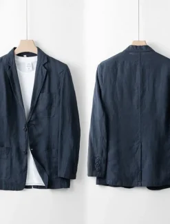 Best OUKU Men's 100% Linen Blazer Blazer Business Cocktail Party Wedding Party Fashion Casual Spring Autumn / Fall 100% Linen Solid Color Pocket Buttons Comfortable Single Breasted Blazer Black White Navy Blue