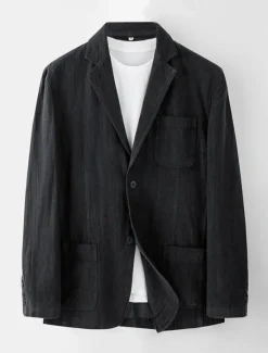New OUKU Men's 100% Linen Blazer Jacket Formal Wedding Elegant Warm Spring Fall Solid Color Thicken Single Breasted Two-button Blazer Black Navy Blue