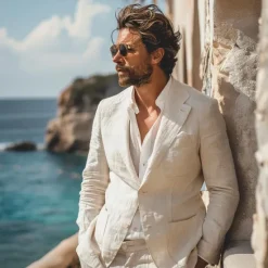 Hot OUKU Men's 100% Linen Blazer Jacket Wedding Party Casual Elegant Vacation Summer Spring Linen Blue Linen Blazer Solid Color Single Breasted Two-button Blazer Blue Beige