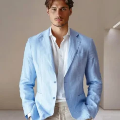 Hot OUKU Men's 100% Linen Blazer Jacket Wedding Party Casual Elegant Vacation Summer Spring Linen Blue Linen Blazer Solid Color Single Breasted Two-button Blazer Blue Beige