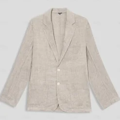 Hot OUKU Men's 100% Linen Blazer Jacket Wedding Party Casual Elegant Vacation Summer Spring Linen Blue Linen Blazer Solid Color Single Breasted Two-button Blazer Blue Beige