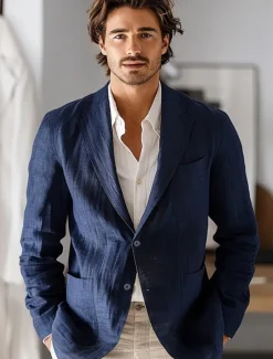 Online OUKU Men's 100% Linen Blazer Jacket Wedding Party Anniversary Summer Spring Linen Solid Color Single Breasted One-button Blazer Blue Beige