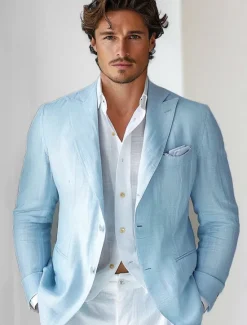 Online OUKU Men's 100% Linen Blazer Jacket Wedding Party Anniversary Summer Spring Linen Solid Color Single Breasted One-button Blazer Blue Beige