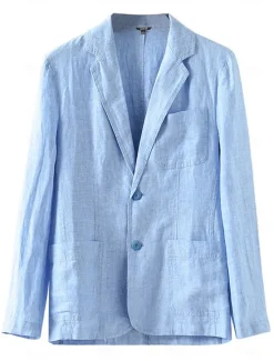 Online OUKU Men's 100% Linen Blazer Jacket Wedding Party Anniversary Summer Spring Linen Solid Color Single Breasted One-button Blazer Blue Beige