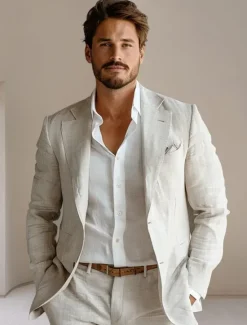 Online OUKU Men's 100% Linen Blazer Jacket Wedding Party Anniversary Summer Spring Linen Solid Color Single Breasted One-button Blazer Blue Beige