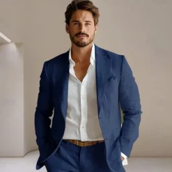Online OUKU Men's 100% Linen Blazer Jacket Wedding Party Anniversary Summer Spring Linen Solid Color Single Breasted One-button Blazer Blue Beige