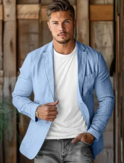 Online OUKU Men's 100% Linen Blazer Mens Linen Jackets Formal Evening Wedding Party Blue Summer Blazer Fashion Casual Spring & Summer Pocket Casual / Daily Single Breasted Blazer Beige Light Blue