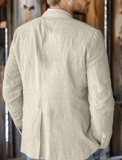 Online OUKU Men's 100% Linen Blazer Mens Linen Jackets Formal Evening Wedding Party Blue Summer Blazer Fashion Casual Spring & Summer Pocket Casual / Daily Single Breasted Blazer Beige Light Blue