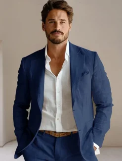 Online OUKU Men's 100% Linen Blazer Mens Linen Jackets Formal Evening Wedding Party Blue Summer Blazer Fashion Casual Spring & Summer Pocket Casual / Daily Single Breasted Blazer Beige Light Blue