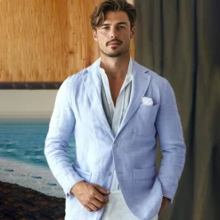 Sale OUKU Men's 100% Linen Blazer Suits Outdoor Pocket Spring Blue Linen Jacket & Fall 100% Linen Solid Color Button Pocket Single Breasted Blazer Blue Beige