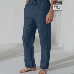 Clearance OUKU Men's 100% Linen Pants Trousers Casual Pants Drawstring Elastic Waist Straight Leg Plain Comfort Breathable Casual Daily Holiday Fashion Classic Style Navy Blue Blue