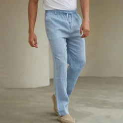 Clearance OUKU Men's 100% Linen Pants Trousers Casual Pants Drawstring Elastic Waist Straight Leg Plain Comfort Breathable Casual Daily Holiday Fashion Classic Style Navy Blue Blue