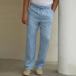 Clearance OUKU Men's 100% Linen Pants Trousers Casual Pants Drawstring Elastic Waist Straight Leg Plain Comfort Breathable Casual Daily Holiday Fashion Classic Style Navy Blue Blue