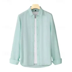Discount OUKU Men's 100% Linen Shirt Button Down Shirt Casual Shirt Solid Color Formal Casual White Light Green Red Dark Navy Long Sleeve Turndown Summer Winter Clothing Apparel Plain