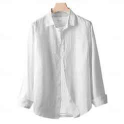 Discount OUKU Men's 100% Linen Shirt Button Down Shirt Casual Shirt Solid Color Formal Casual White Light Green Red Dark Navy Long Sleeve Turndown Summer Winter Clothing Apparel Plain