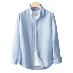 Discount OUKU Men's 100% Linen Shirt Button Down Shirt Casual Shirt Solid Color Formal Casual White Light Green Red Dark Navy Long Sleeve Turndown Summer Winter Clothing Apparel Plain