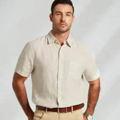 Hot OUKU Men's 100% Linen Shirt Casual Shirt Short Sleeve Solid Color Turndown Outdoor Sports & Outdoor Button Clothing Apparel Vacation Neutral Daily Sports & Outdoors khaki