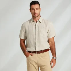 Hot OUKU Men's 100% Linen Shirt Casual Shirt Short Sleeve Solid Color Turndown Outdoor Sports & Outdoor Button Clothing Apparel Vacation Neutral Daily Sports & Outdoors khaki