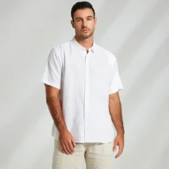 Discount OUKU Men's 100% Linen Shirt Casual Shirt Button Down Shirt Short Sleeve Solid Color Turndown Outdoor Button Clothing Apparel Vacation Daily White