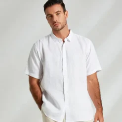 Discount OUKU Men's 100% Linen Shirt Casual Shirt Button Down Shirt Short Sleeve Solid Color Turndown Outdoor Button Clothing Apparel Vacation Daily White