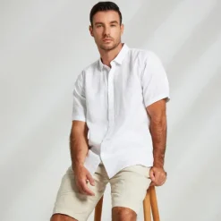Discount OUKU Men's 100% Linen Shirt Casual Shirt Button Down Shirt Short Sleeve Solid Color Turndown Outdoor Button Clothing Apparel Vacation Daily White