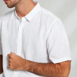 Discount OUKU Men's 100% Linen Shirt Casual Shirt Button Down Shirt Short Sleeve Solid Color Turndown Outdoor Button Clothing Apparel Vacation Daily White