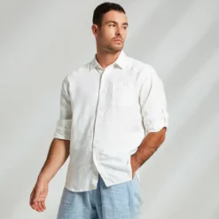 OUKU Men's 100% Linen Shirt Long Sleeve Solid Color Turndown Summer Outdoor Office / Career Clothing Apparel Button White