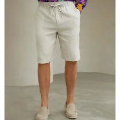 OUKU Men's 100% Linen Shorts Linen Shorts Beach Shorts Tie Front Elastic Waist Plain Breathability Comfortable Short Daily Beach Vacation Casual Beige