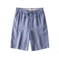Discount OUKU Men's 100% Linen Shorts Solid Color Above Knee Daily Vacation Ethnic Style Blue Khaki