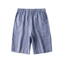 Discount OUKU Men's 100% Linen Shorts Solid Color Above Knee Daily Vacation Ethnic Style Blue Khaki