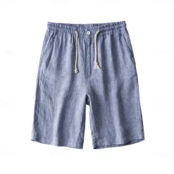Discount OUKU Men's 100% Linen Shorts Solid Color Knee Length Outdoor Casual Daily Vacation Ethnic Style Denim Blue Light Khaki Inelastic