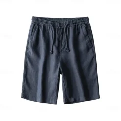 Discount OUKU Men's 100% Linen Shorts Solid Color Knee Length Outdoor Casual Daily Vacation Ethnic Style Denim Blue Light Khaki Inelastic