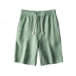 Discount OUKU Men's 100% Linen Shorts Solid Color Knee Length Outdoor Casual Daily Vacation Ethnic Style Denim Blue Light Khaki Inelastic