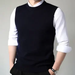 Online OUKU Men's 100% Merino Wool Crewneck Sweater Vest Solid Color Crew Neck Knitwear Elegant School Formal Clothing Apparel Spring Fall Black Navy Blue S M L