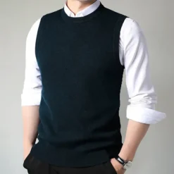 Online OUKU Men's 100% Merino Wool Crewneck Sweater Vest Solid Color Crew Neck Knitwear Elegant School Formal Clothing Apparel Spring Fall Black Navy Blue S M L