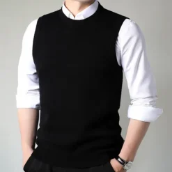 Online OUKU Men's 100% Merino Wool Crewneck Sweater Vest Solid Color Crew Neck Knitwear Elegant School Formal Clothing Apparel Spring Fall Black Navy Blue S M L