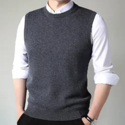 Online OUKU Men's 100% Merino Wool Crewneck Sweater Vest Solid Color Crew Neck Knitwear Elegant School Formal Clothing Apparel Spring Fall Black Navy Blue S M L
