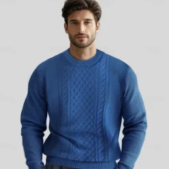 Discount OUKU Men's 100% Merino Wool Jacquard Sweater Knit Jacquard Solid Color Crew Neck Knitwear Elegant Christmas Christmas Gifts Clothing Apparel Fall Winter Navy Blue Royal Blue S M L