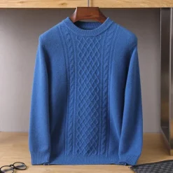 Discount OUKU Men's 100% Merino Wool Jacquard Sweater Knit Jacquard Solid Color Crew Neck Knitwear Elegant Christmas Christmas Gifts Clothing Apparel Fall Winter Navy Blue Royal Blue S M L
