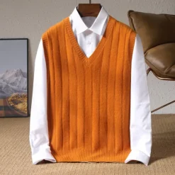 Discount OUKU Men's 100% Merino Wool Pullover Sweater Vest Knit Vertical Stripes V Neck Knitwear Elegant Outdoor Home Clothing Apparel Fall Winter Black Orange S M L