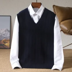 Discount OUKU Men's 100% Merino Wool Pullover Sweater Vest Knit Vertical Stripes V Neck Knitwear Elegant Outdoor Home Clothing Apparel Fall Winter Black Orange S M L