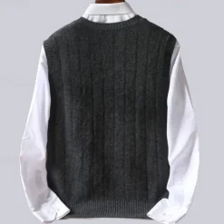Discount OUKU Men's 100% Merino Wool Pullover Sweater Vest Knit Vertical Stripes V Neck Knitwear Elegant Outdoor Home Clothing Apparel Fall Winter Black Orange S M L