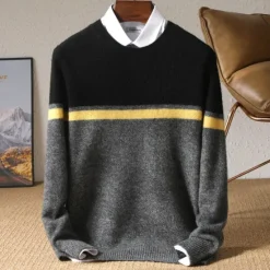 OUKU Men's 100% Merino Wool Pullover Sweater Jumper Knit Color Block Crew Neck Knitwear Elegant Christmas Outdoor Clothing Apparel Fall Winter Black Red S M L