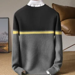 OUKU Men's 100% Merino Wool Pullover Sweater Jumper Knit Color Block Crew Neck Knitwear Elegant Christmas Outdoor Clothing Apparel Fall Winter Black Red S M L
