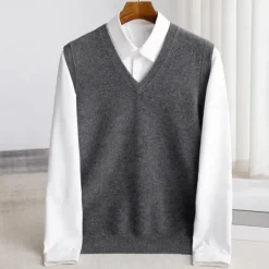 New OUKU Men's 100% Merino Wool Sweater Vest Knit Solid Color V Neck Knitwear Elegant Outdoor Home Clothing Apparel Spring Fall Wine Red Black S M L