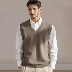 New OUKU Men's 100% Merino Wool Sweater Vest Knit Solid Color V Neck Knitwear Elegant Outdoor Home Clothing Apparel Spring Fall Wine Red Black S M L