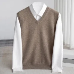 New OUKU Men's 100% Merino Wool Sweater Vest Knit Solid Color V Neck Knitwear Elegant Outdoor Home Clothing Apparel Spring Fall Wine Red Black S M L