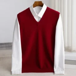 New OUKU Men's 100% Merino Wool Sweater Vest Knit Solid Color V Neck Knitwear Elegant Outdoor Home Clothing Apparel Spring Fall Wine Red Black S M L