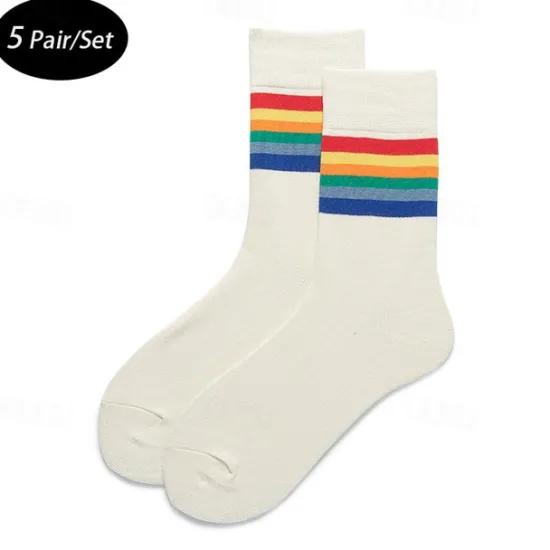 Online OUKU Men's 5 Pack Multi Packs Socks Crew Socks Running Socks Casual Socks White Red Color Rainbow Sports & Outdoor Daily Vacation Basic Medium Spring Fall Fashion Casual